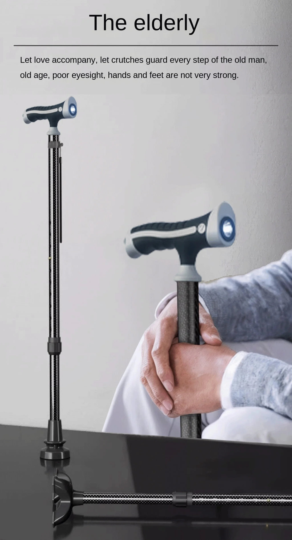 Carbon Fiber crutches for Walking Stick with Light Elderly Hiking Cane Night Lighting Stretchable cane with lamp for Walking Saf