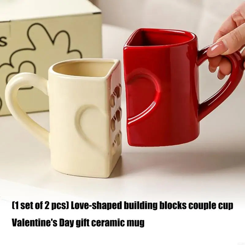 Pack of 2 Heart Puzzle Designs Ceramic Mugs Comfortable Handle Coffee Cup for Couples Romantics Valentine Gift HX6C