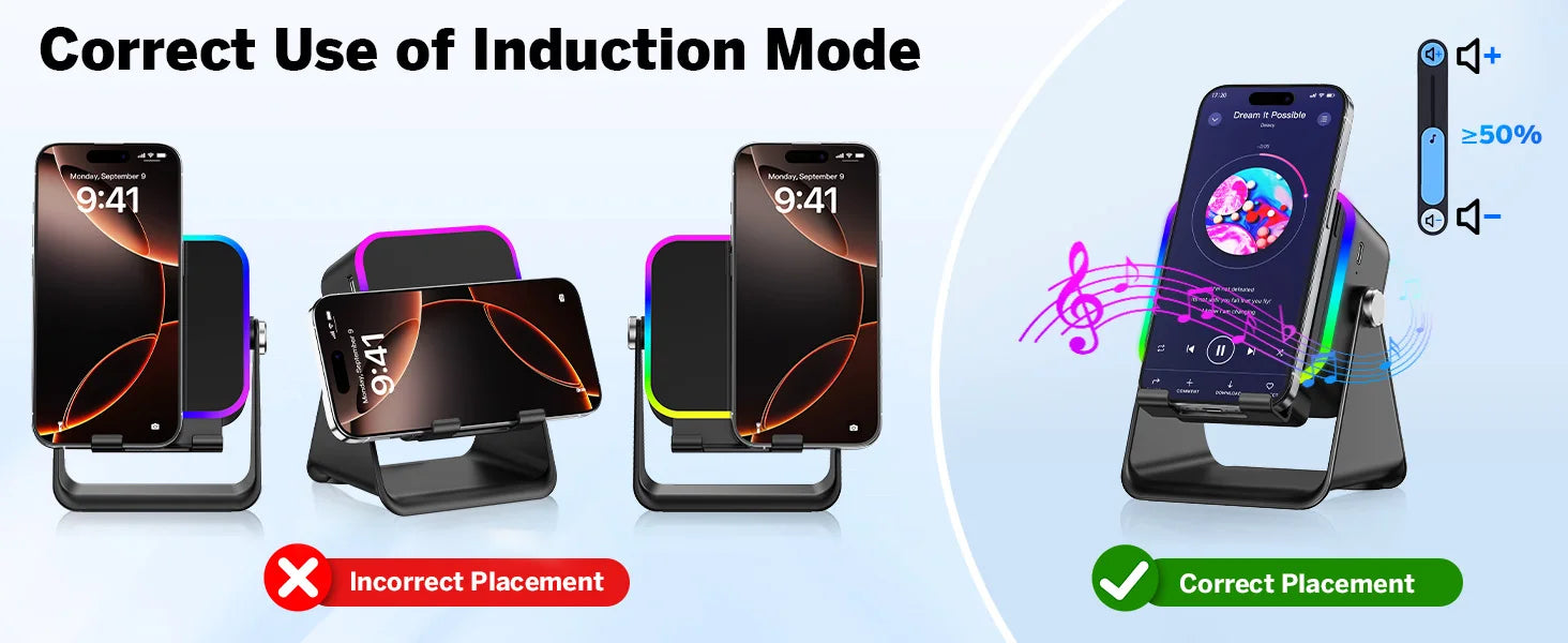 NEW 5 In 1 Auto-induction Wireless Induction Speaker 8 Mode RGB Light Phone Stand Surround Sound Portable Bluetooth Phone Holder