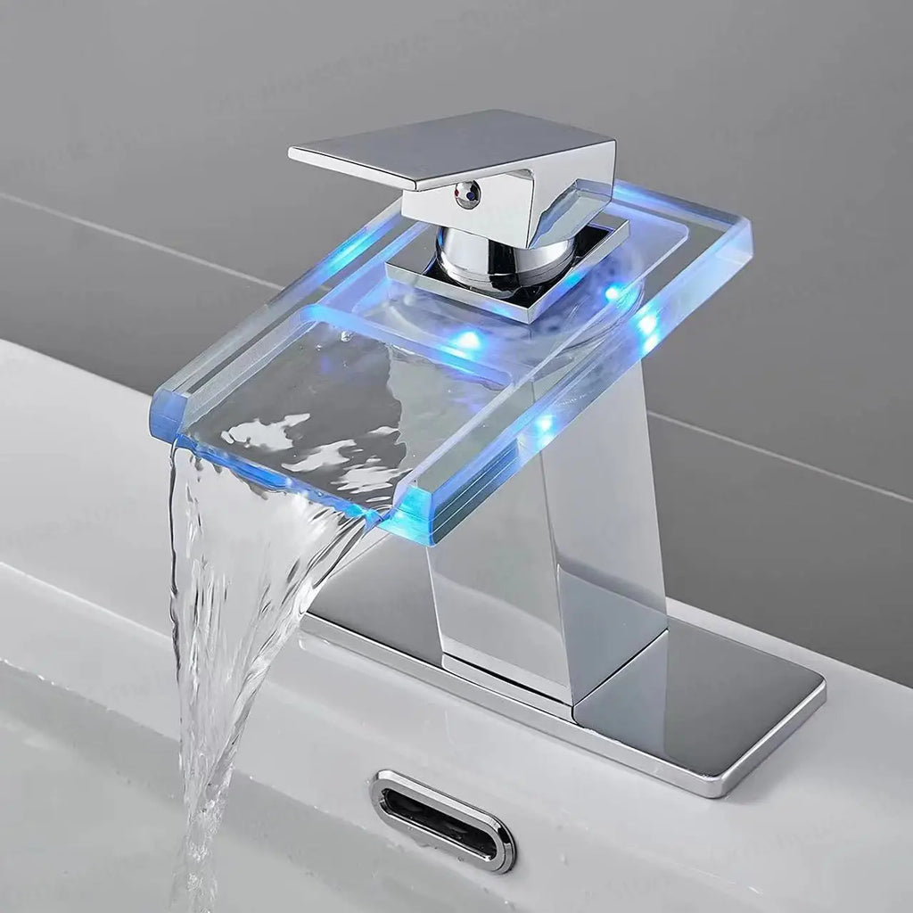 Luxury LED Color Changing Waterfall Basin Sink Faucet Led Light Polished Tap Basin Deck Mounted Sink Mixers 3 Colors Change