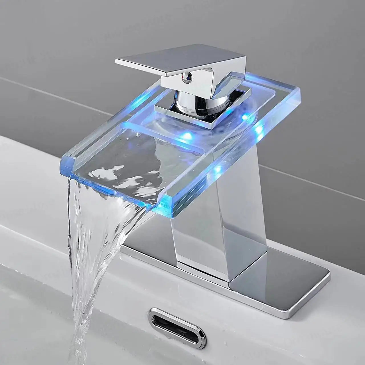 Luxury LED Color Changing Waterfall Basin Sink Faucet Led Light Polished Tap Basin Deck Mounted Sink Mixers 3 Colors Change