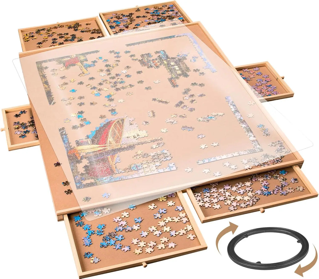 1500 Pieces Rotating Puzzle Board with 6 Storage Drawers & Protective Cover - Wooden Jigsaw Puzzle Table for 1500 Pieces - for F