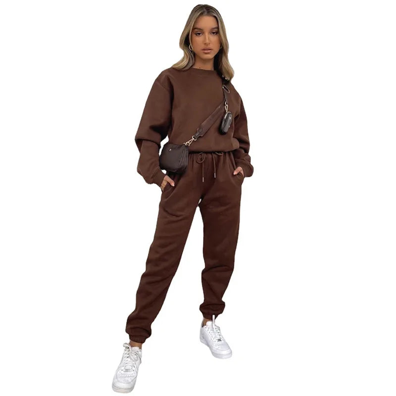 Осение Женские Костюмы Women's Winter Warm Suit Round Neck Solid Color Long Sleeve Pullover Sweatshirt Sweatpants Штаны Женские