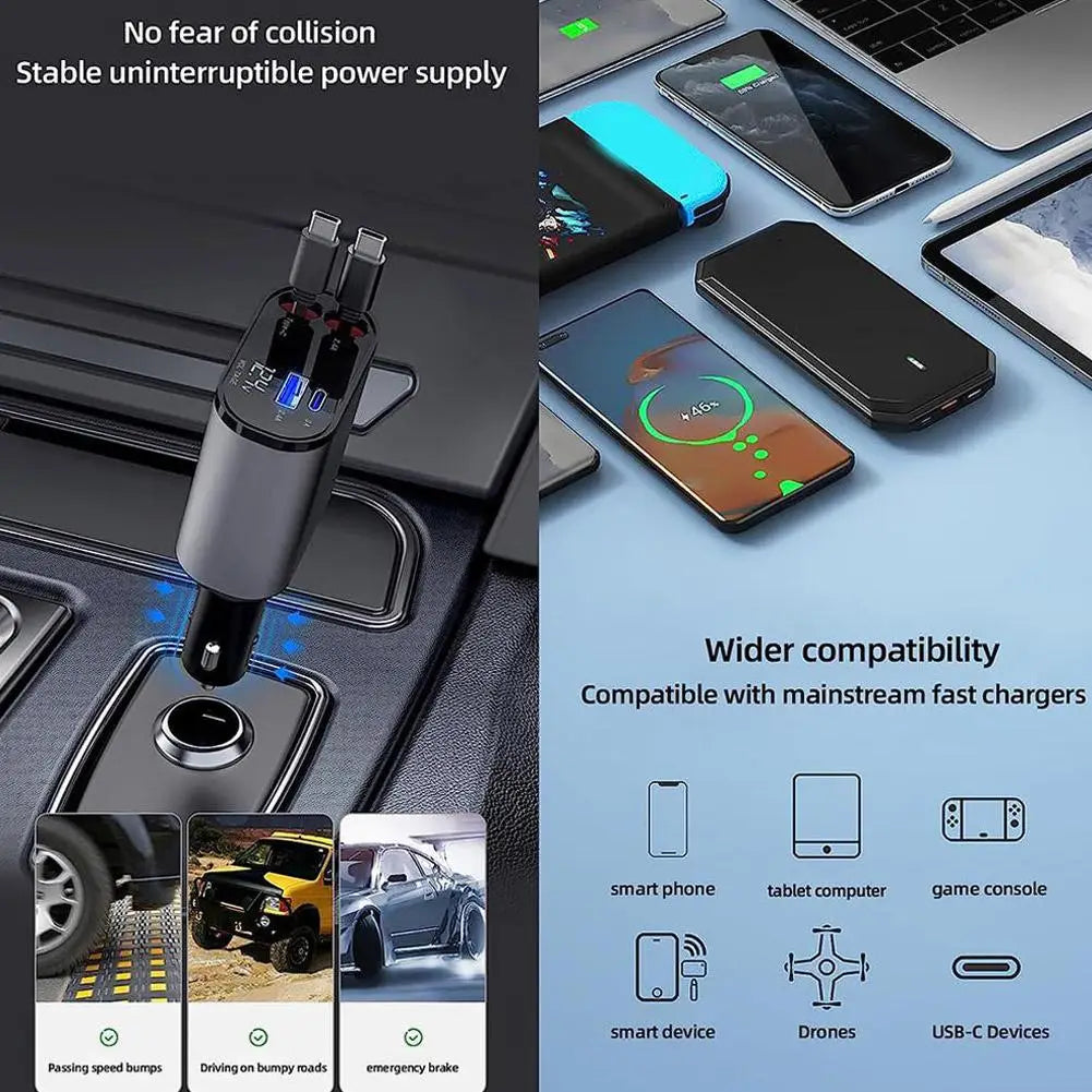 100W 4 IN 1 Retractable Car Charger USB Type C Cable For IPhone Fast Cord Cigarette Lighter Adapter X4W3