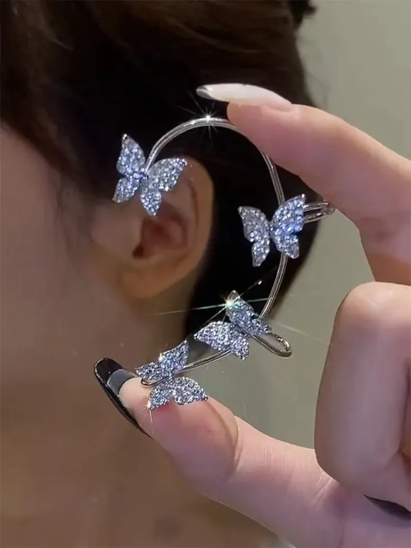 Gold Silver Color Metal Butterfly Ear Clips Without Piercing for Women Sparkling Zircon Ear Cuff Clip Earrings Wedding Jewelry