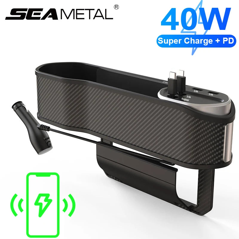 SEAMETAL Car Seat Gap Filler Organizer With Cup Holder Front Seat Console Side Pocket With Wireless Charging,Type-C,Lightning