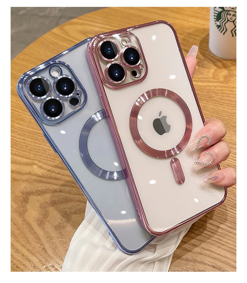 Magnetic Plating Case For iPhone 15 16 14 17 13 12 11 Pro Max Air Camera Lens Protector Glass For Magsafe Wireless Charger Cover