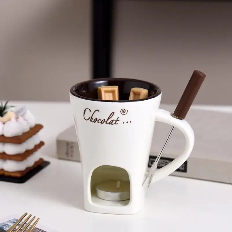 130ml Ceramic Chocolate Fondue Cup with Fork European Candle Heating Mug Creative Food Warmer for Cheese Coffee