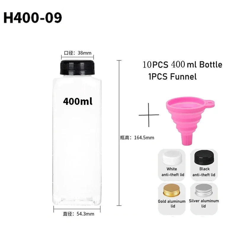 10pcs 60ML-500ML Clear Empty Plastic Juice Bottles with Caps Reusable Water Bottle Juicing Smoothie Containers W/ Funnel