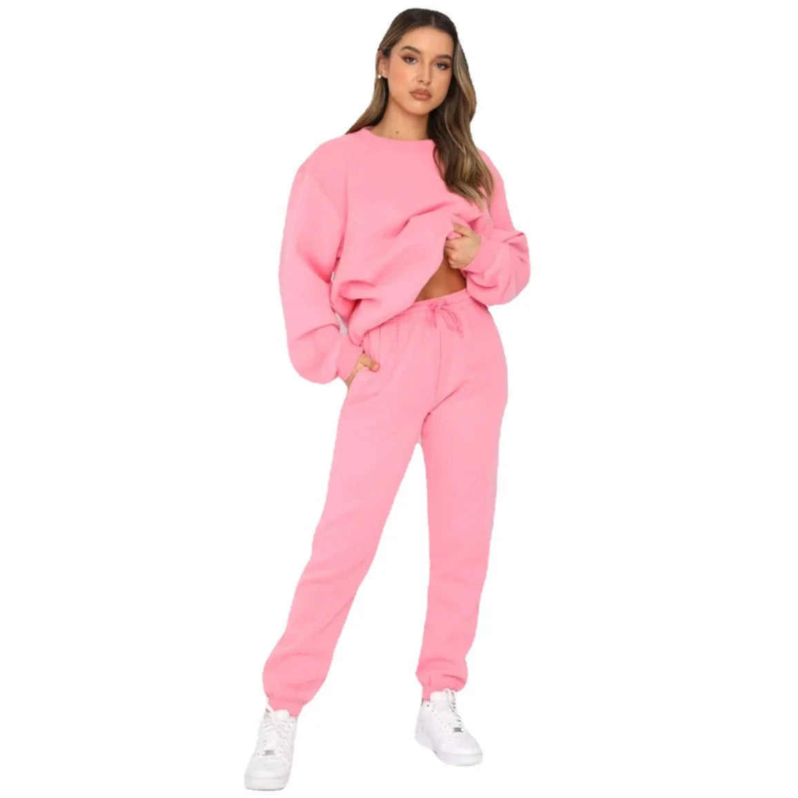 Осение Женские Костюмы Women's Winter Warm Suit Round Neck Solid Color Long Sleeve Pullover Sweatshirt Sweatpants Штаны Женские