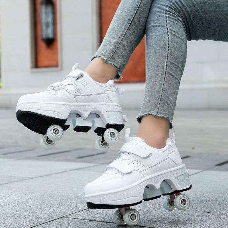 Kid Deform Roller Skate Shoes With 2/4 Wheels Runaway Parkour Deformation 4-Wheel Skates Sneakers For Women Men Youth Adult Gift