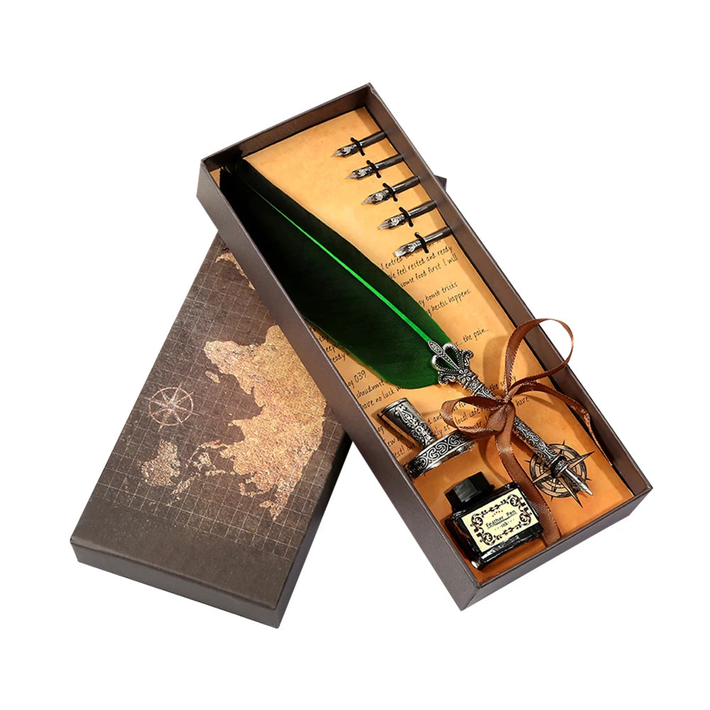 1 Set Retro Calligraphy Feather Dip Pen with 2 Nib Set Quill Fountain Writing Creative Vintage Stationery Gift Box no ink