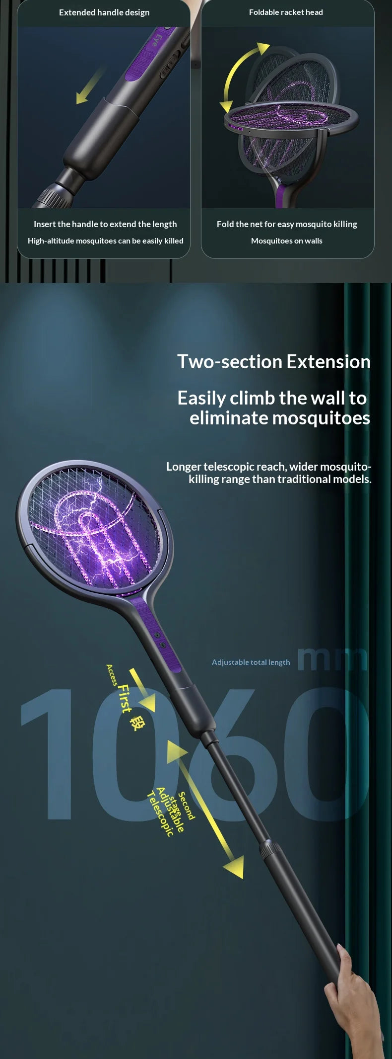 Rotating Head Bug Zapper Racket Rechargeable Electric Fly Swatter Fly Killer and Mosquito Trap Lamp for Indoor and Outdoor