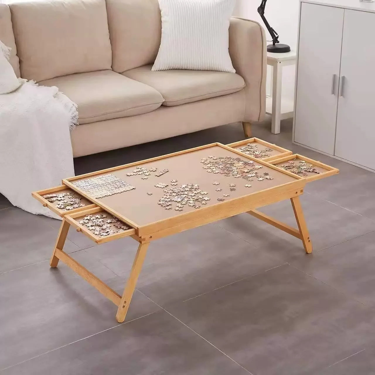 Wooden Puzzle Table Portable Folding Tilt Table with Easel Overall Adjustable Puzzle Storage Table