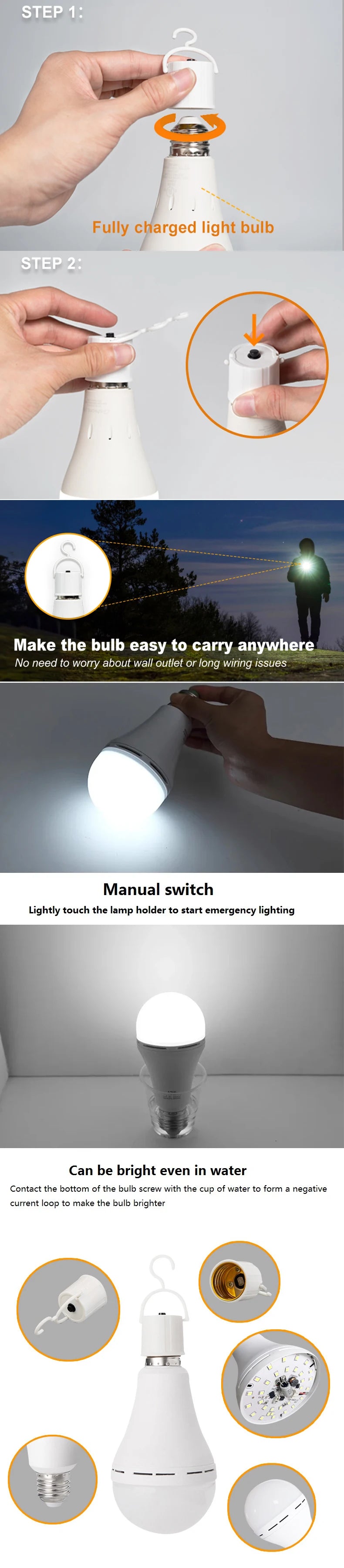 7W/9W/12W/15W Emergency Light Bulb LED Handheld Hanging Charging Energy-Saving Light Bulb Portable Household Tent Fishing Lamp