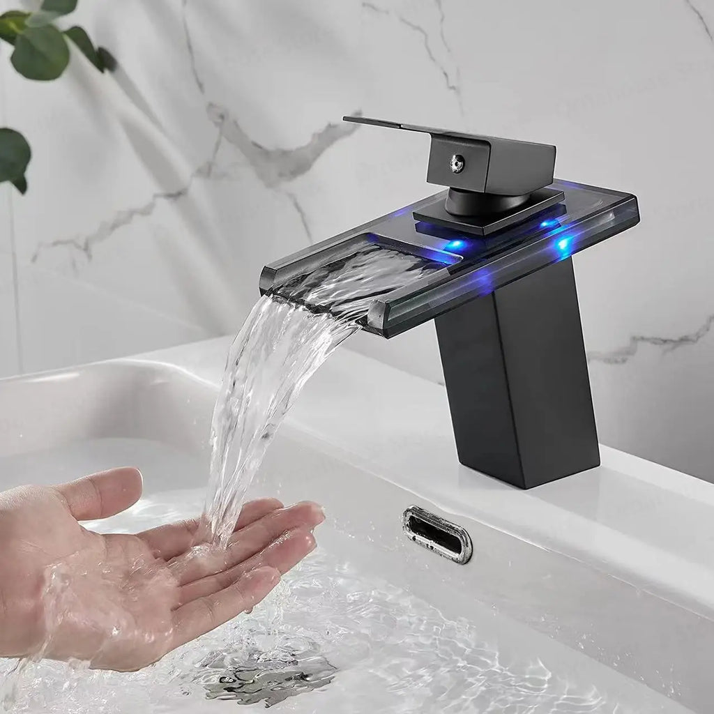 Luxury LED Color Changing Waterfall Basin Sink Faucet Led Light Polished Tap Basin Deck Mounted Sink Mixers 3 Colors Change