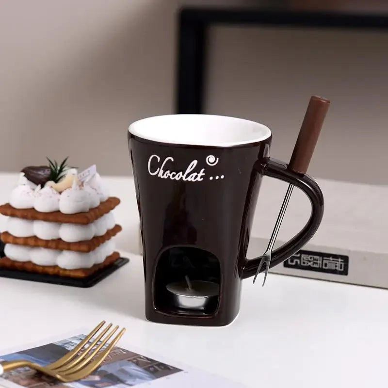 Ceramic Chocolate Hot Pot Cup, Gourmet Cheese Creative Coffee MUG Swiss Ice cream Christmas Party With Fork