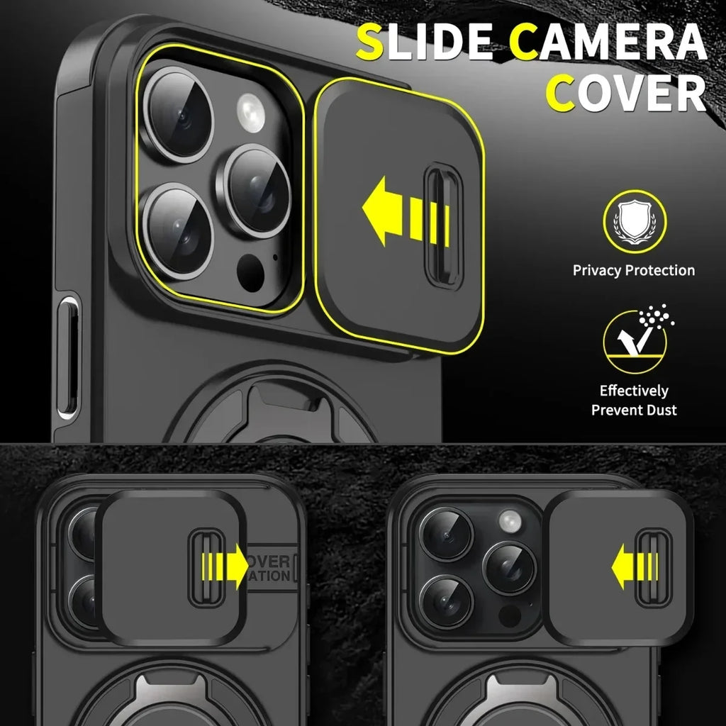 Armor Magnetic Bracket Case for iPhone 16 14 13 12 11 15 Pro Max Plus With Lanyard Slide Camera Protection Shockproof Cover