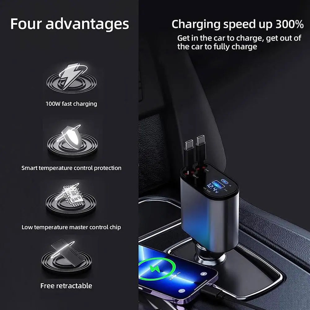 100W 4 IN 1 Retractable Car Charger USB Type C Cable For IPhone Fast Cord Cigarette Lighter Adapter X4W3