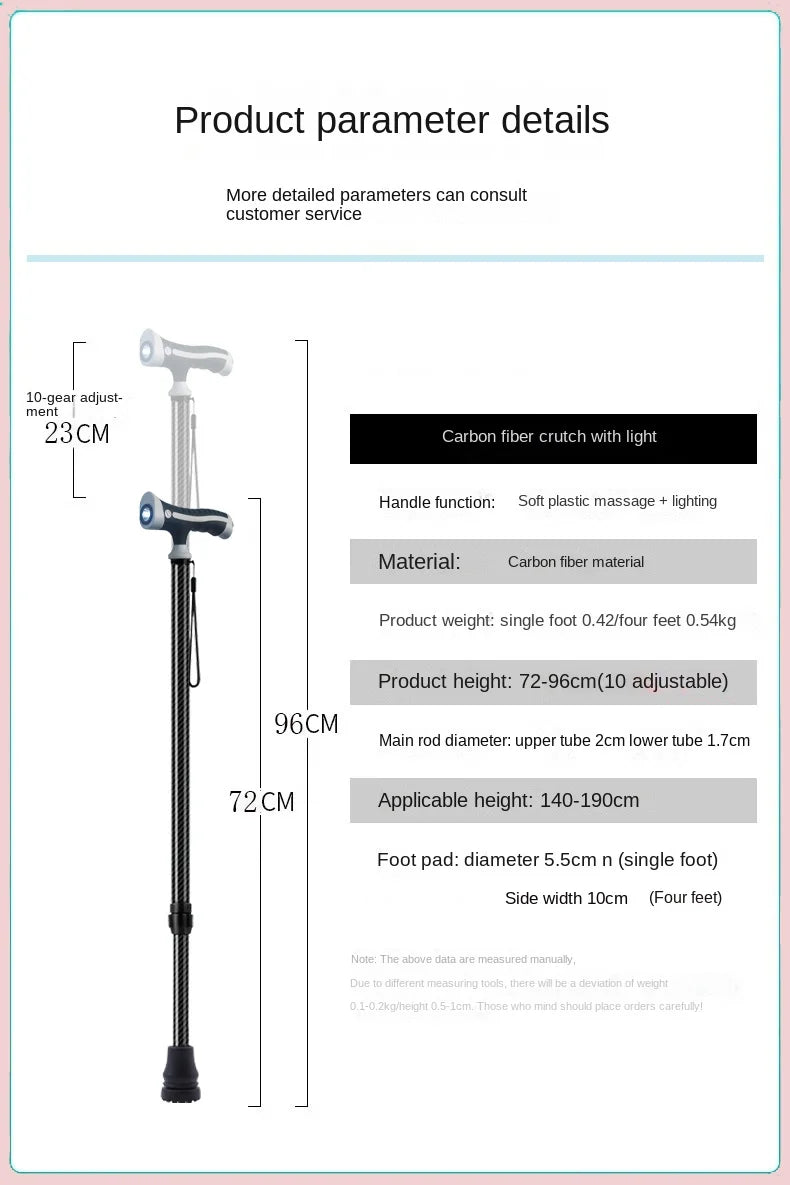 Carbon Fiber crutches for Walking Stick with Light Elderly Hiking Cane Night Lighting Stretchable cane with lamp for Walking Saf