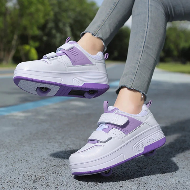Kid Deform Roller Skate Shoes With 2/4 Wheels Runaway Parkour Deformation 4-Wheel Skates Sneakers For Women Men Youth Adult Gift