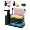 Multi-Functional Kitchen Soap Dispenser Hand Dish Soap Dispenser with Dual Soap Dispensers Sponge and Dishcloth Holders Tray