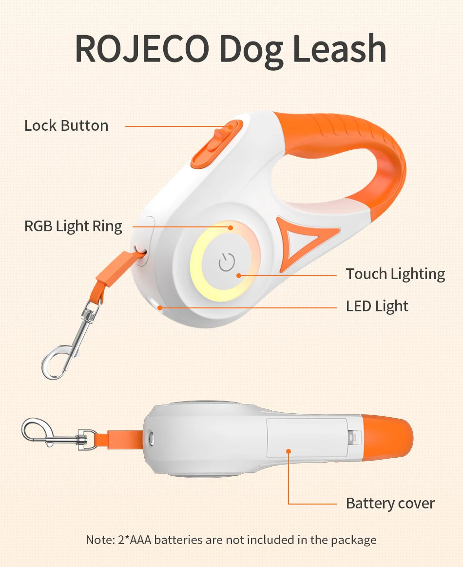 ROJECO 5M Retractable Dog Leash Automatic LED Light Luminous Roulette Leash Rope For Dogs Adjustable Pets Dog Walk Running Leads