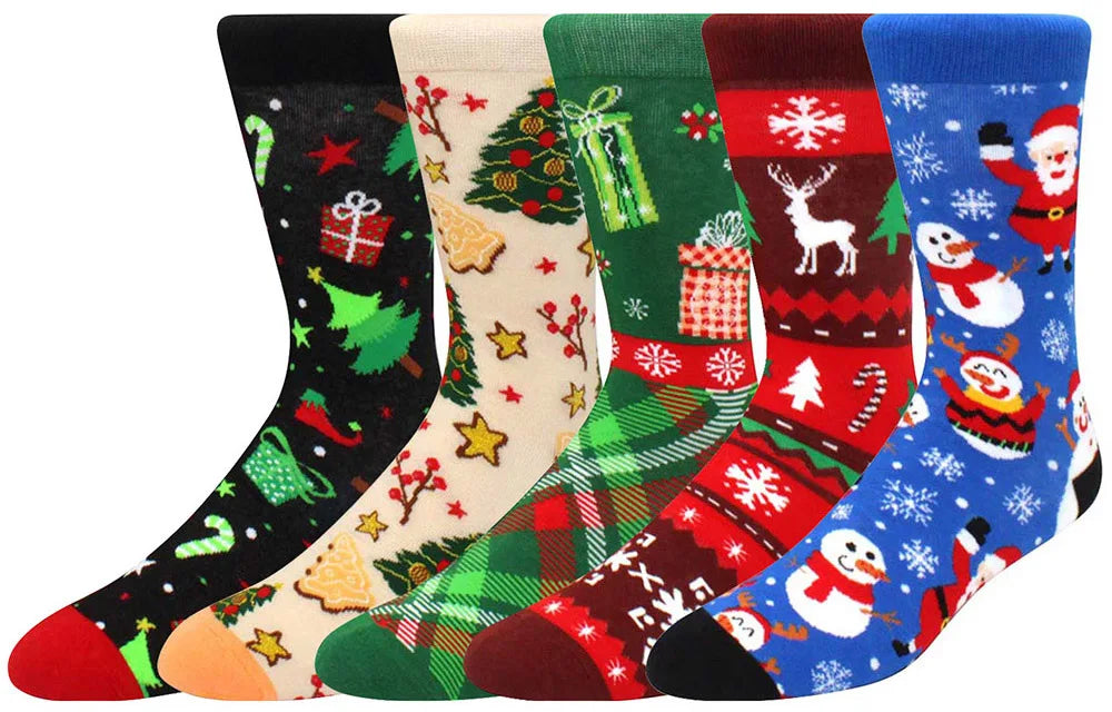 5 pairs Men Christmas Socks Funny Xmas Santa Claus Tree Snowflake Elk Snow Cotton Medium tube Happy Sock Men New Year Sokken