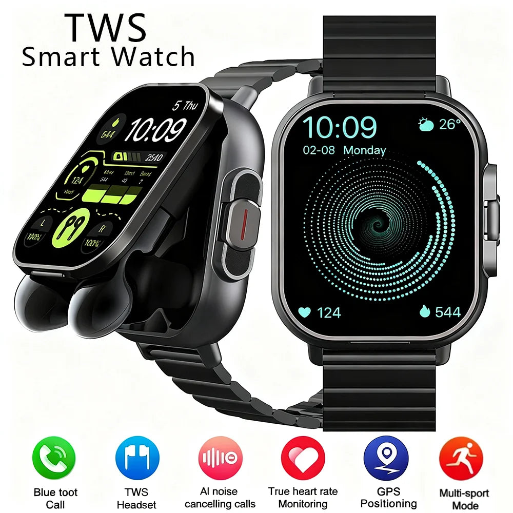 2026 New Smartwatch TWS Earphone 2.01' Bluetooth Call Heart Rate Monitor Sport Fitness Tracker 2 in 1 Smart Watch Headset