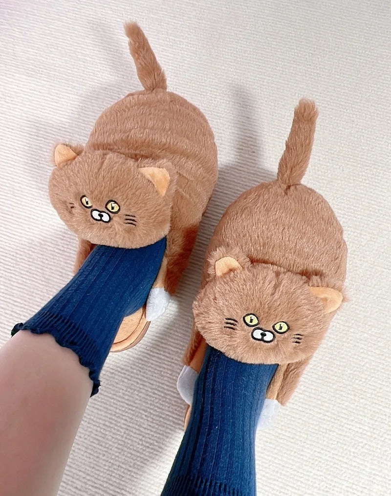 Cuddly Hug Cat Slippers Women Winter Home Fur Slides Kawaii Floor Shoes Furry Slippers Girl Kitty Mules Funny Cute Gift Slippers