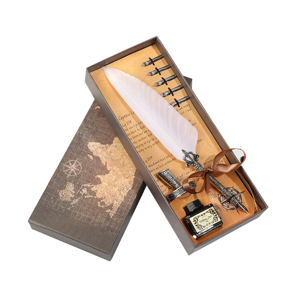 1 Set Retro Calligraphy Feather Dip Pen with 2 Nib Set Quill Fountain Writing Creative Vintage Stationery Gift Box no ink