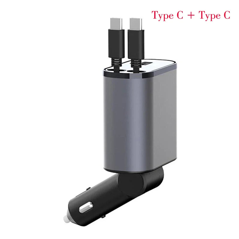 100W 4 IN 1 Retractable Car Charger USB Type C Cable For IPhone Fast Cord Cigarette Lighter Adapter X4W3