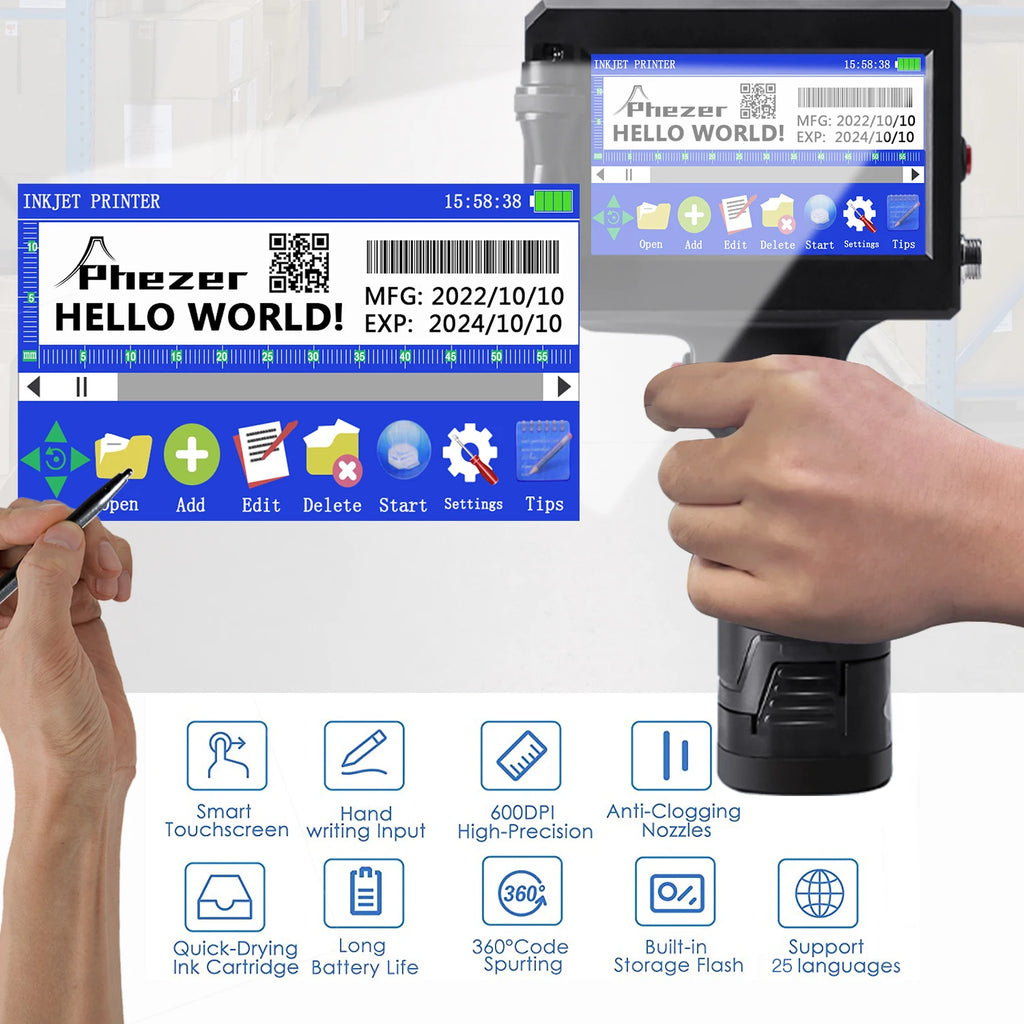 Phezer P15 QR Bar Batch Code Date Number Logo Expiry Date Label Printer 12.7mm Handheld Inkjet Printer 28 Languages Portable