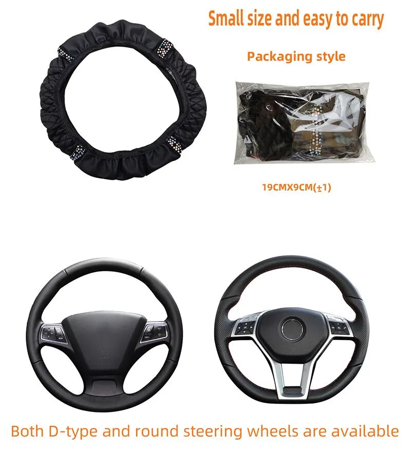 Car Steering Wheel Cover Without Inner Ring 37-38cm Three-dimensional Leather Embroidered Color Diamond-encrusted Breathable