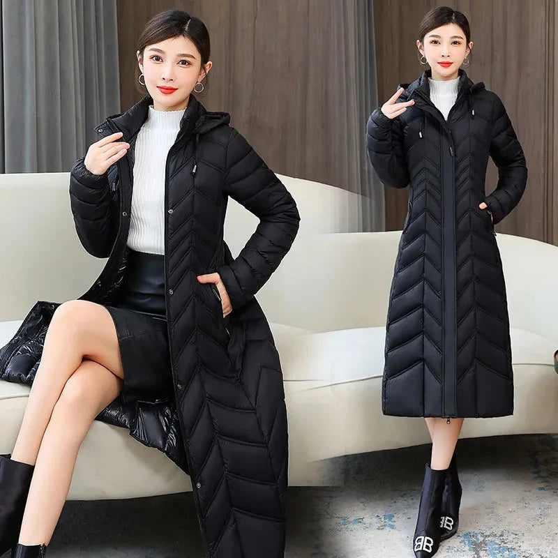 2025 NEW Winter Hooded Down Jacket 5XL Women's Warm Parka Fashion Down Cotton Women Long Coat Slim Temperament Female Overcoat