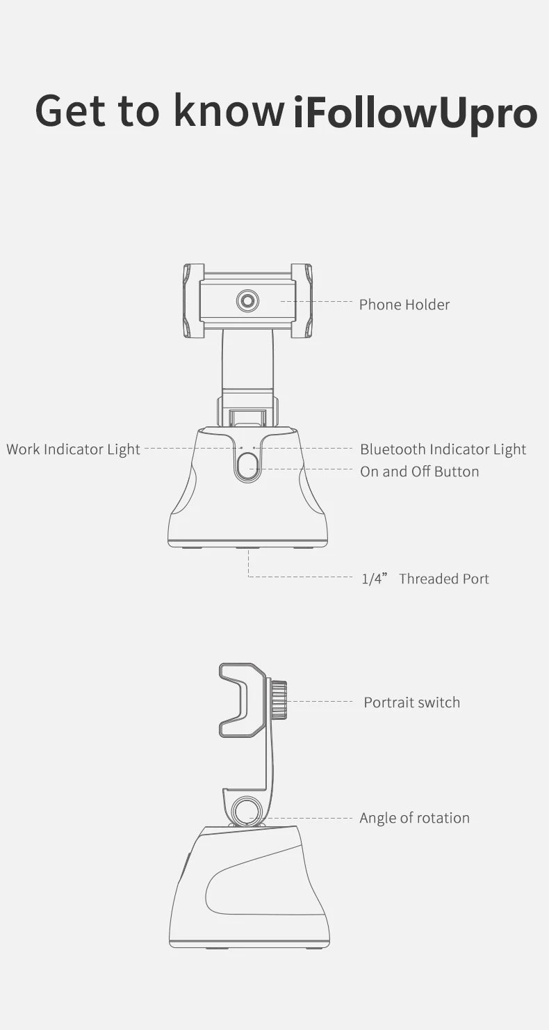 AI automatic face and body tracking phone holder/download APP, 360° rotating tracking tripod, intelligent shooting bracket