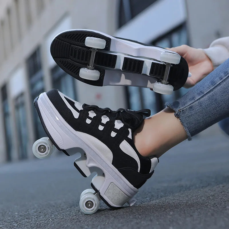 Kid Deform Roller Skate Shoes With 2/4 Wheels Runaway Parkour Deformation 4-Wheel Skates Sneakers For Women Men Youth Adult Gift