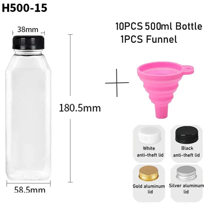 10pcs 60ML-500ML Clear Empty Plastic Juice Bottles with Caps Reusable Water Bottle Juicing Smoothie Containers W/ Funnel