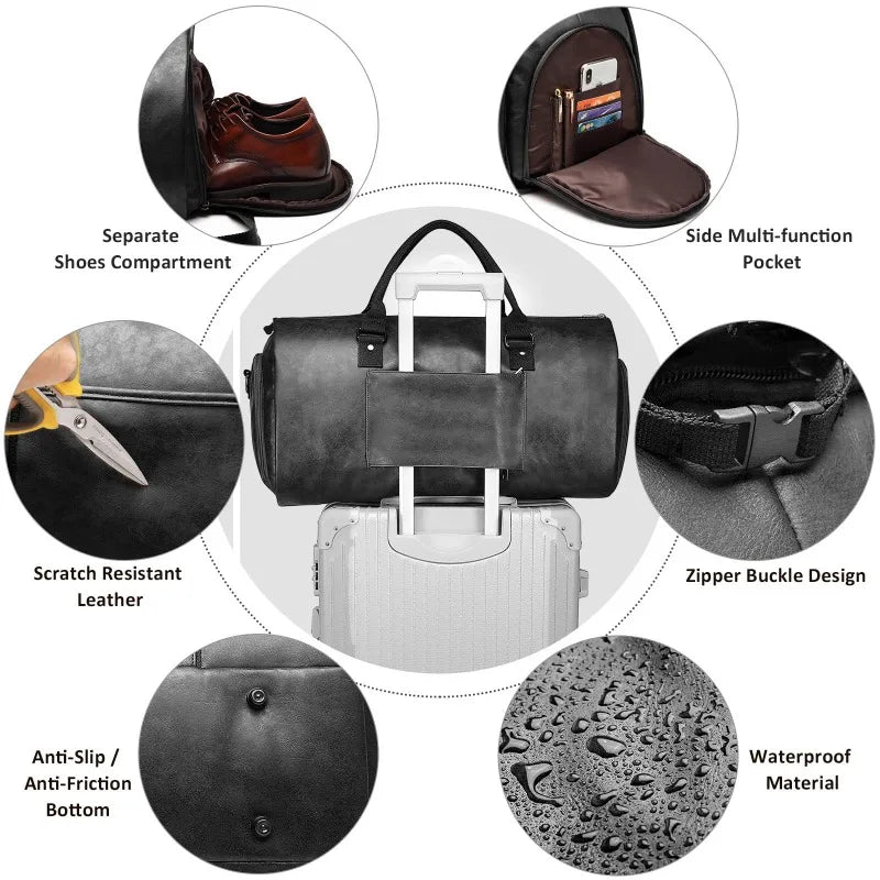2025 New Men's Large Capacity Leather Waterproof Weekend Travel Business Convertible Suit Bag 2 in 1 Hand Carry-on Luggage Bag