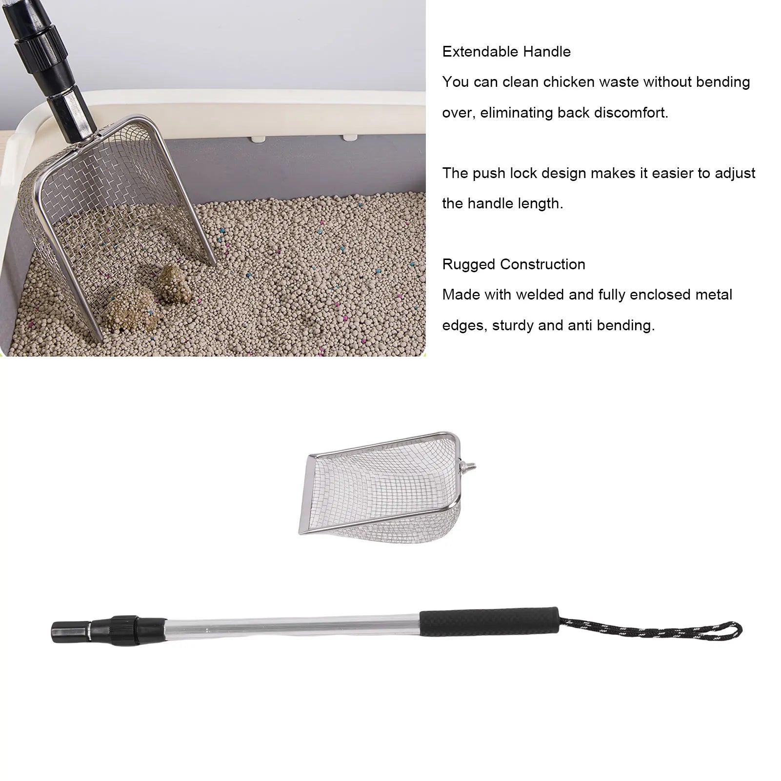 Cat Poop Shovel Stainless Steel Anti Bending Extendable Litter Sifting Shovel Anti Stick Long Handle Adjustable for Litter Box