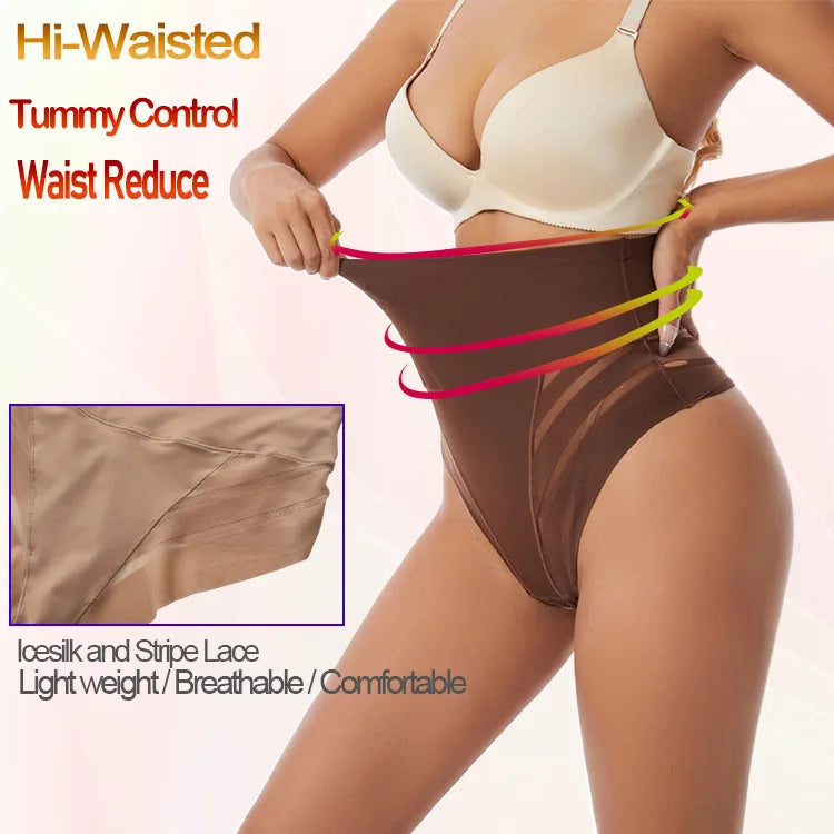 Women's High Waist Thong Style Shapewear Tummy Control Waist Trainer Hip Lift Body Shaping Pants Plus Size Striped Mesh Thong