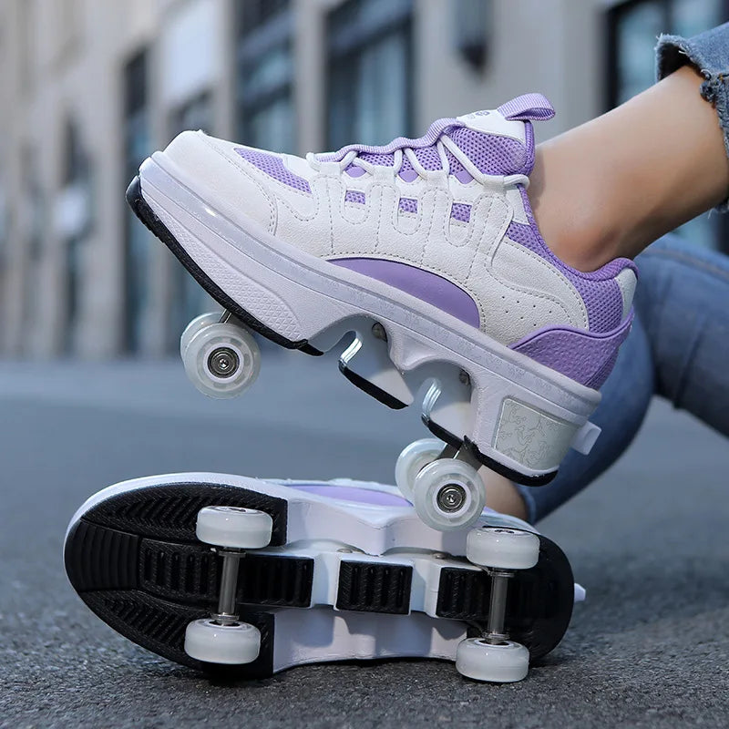 Kid Deform Roller Skate Shoes With 2/4 Wheels Runaway Parkour Deformation 4-Wheel Skates Sneakers For Women Men Youth Adult Gift