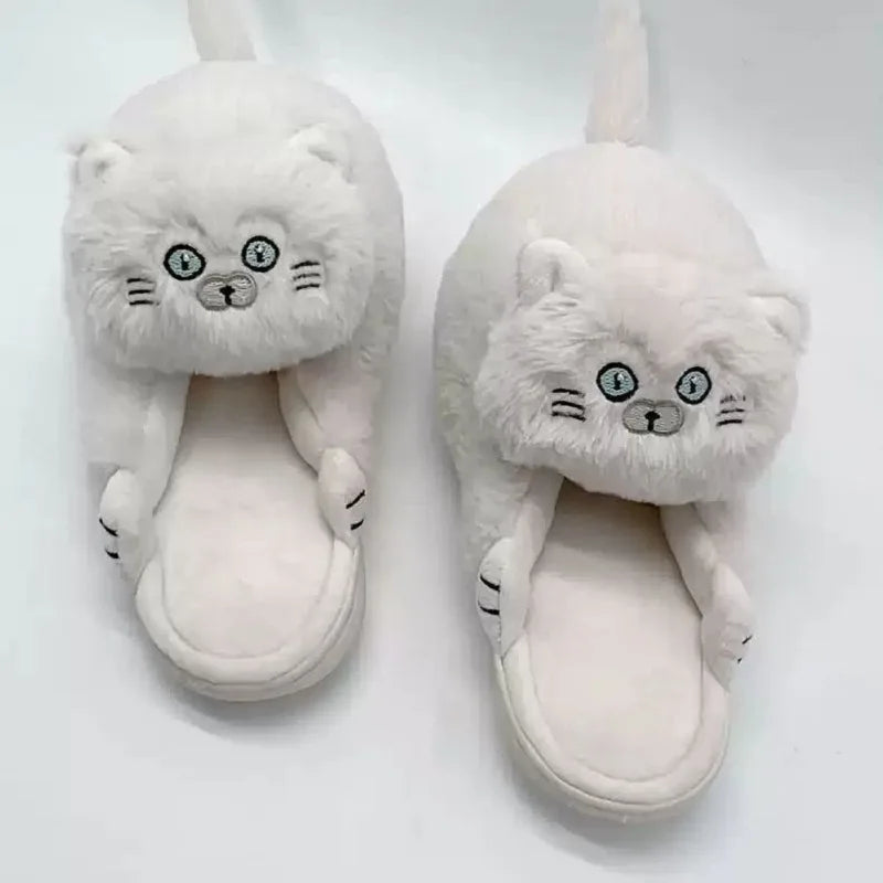 Cuddly Hug Cat Slippers Women Winter Home Fur Slides Kawaii Floor Shoes Furry Slippers Girl Kitty Mules Funny Cute Gift Slippers