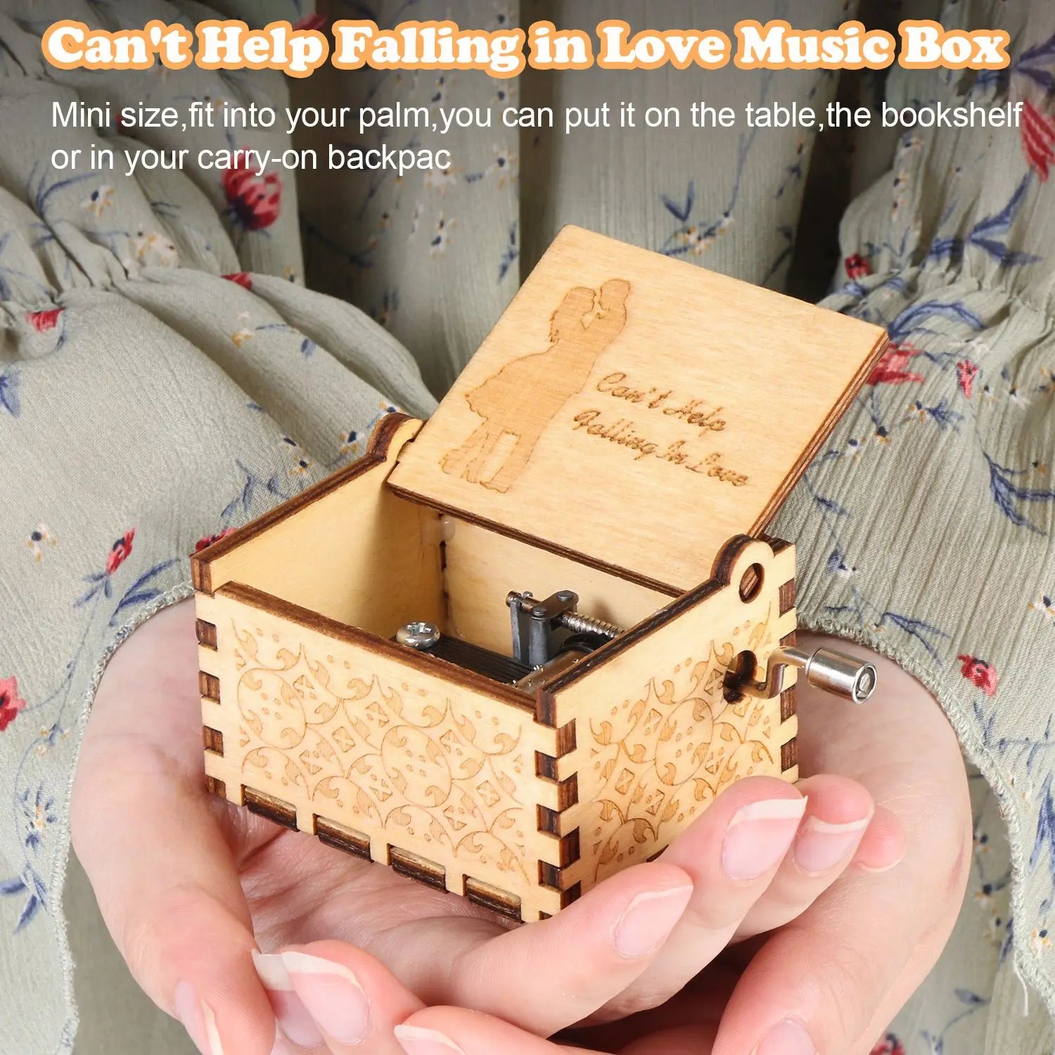 Vintage Engraving Wooden Music Box Hand-cranked Music Box Can't Help Falling in Love Music Box Wife Birthday Valentines Day Gift