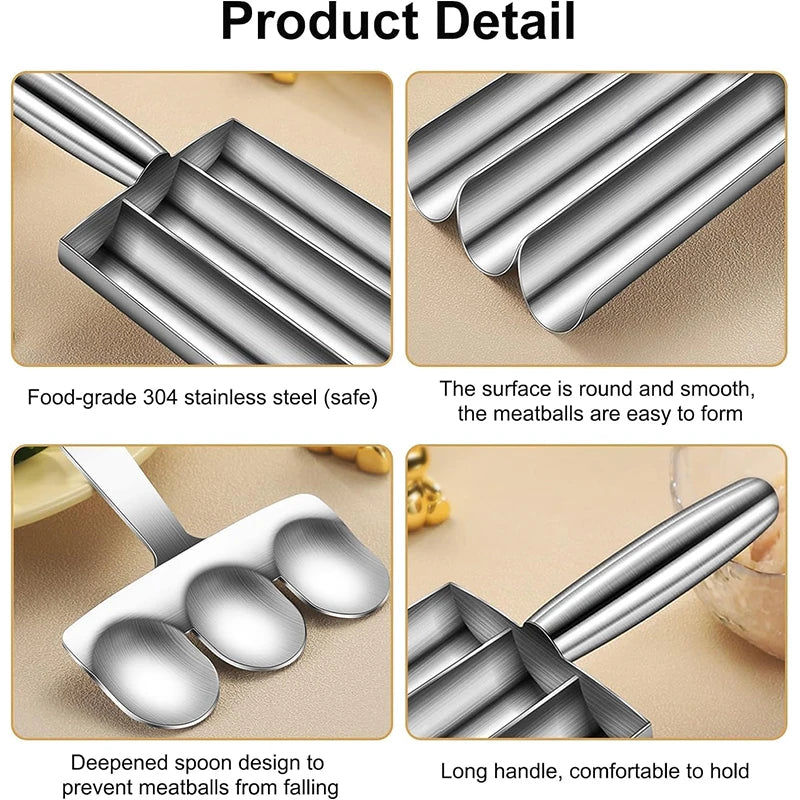 LMETJMA Stainless Steel Meatball Maker Kitchen Meatball Scoop Ball Maker Triple Fishball Meatball Shrimp Ball Maker Tool JT246