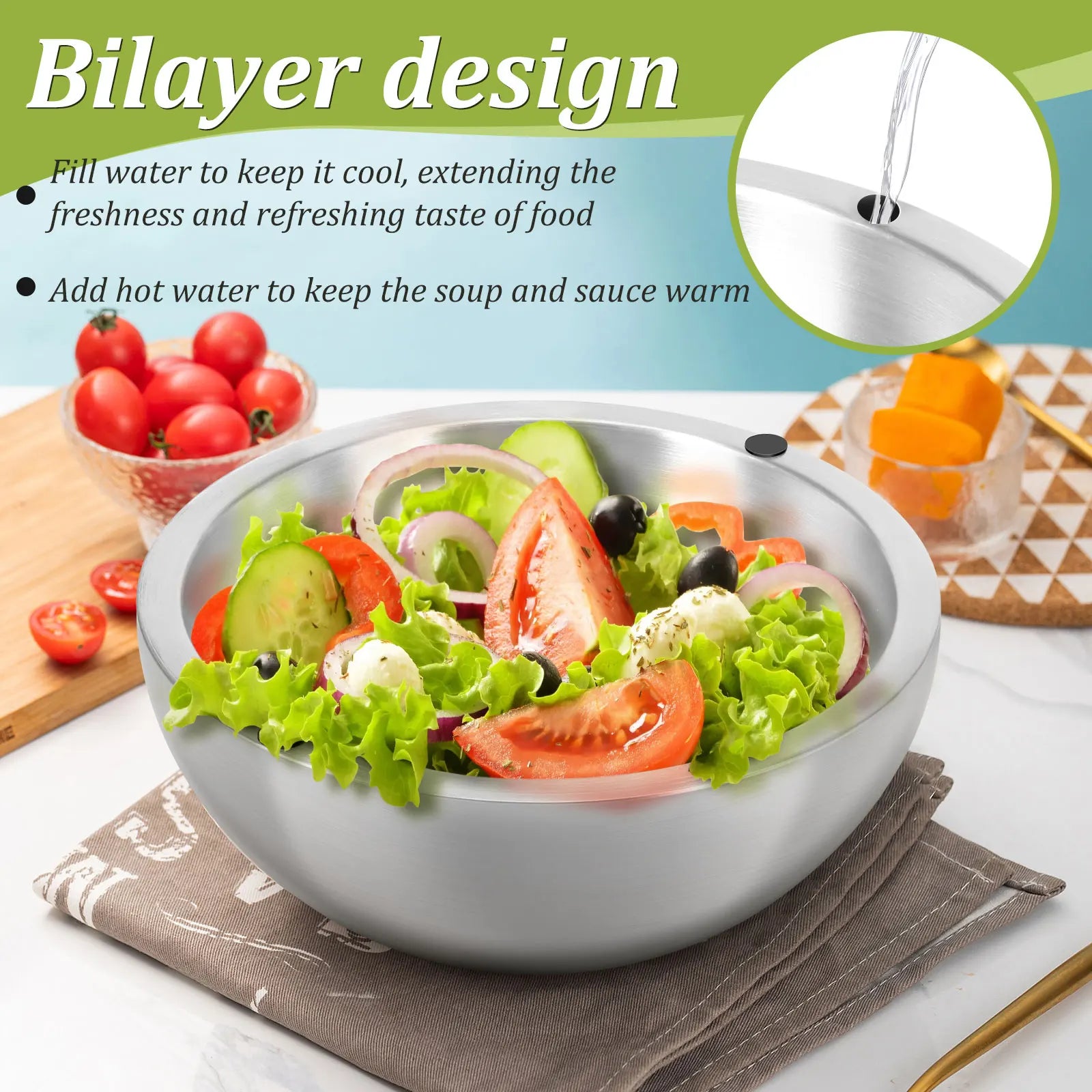 Stainless Steel Dip Chiller Bowl Serving Bowls with Double Walled Ice Cavity Insulated Etch Resistant Robust Long Service Life