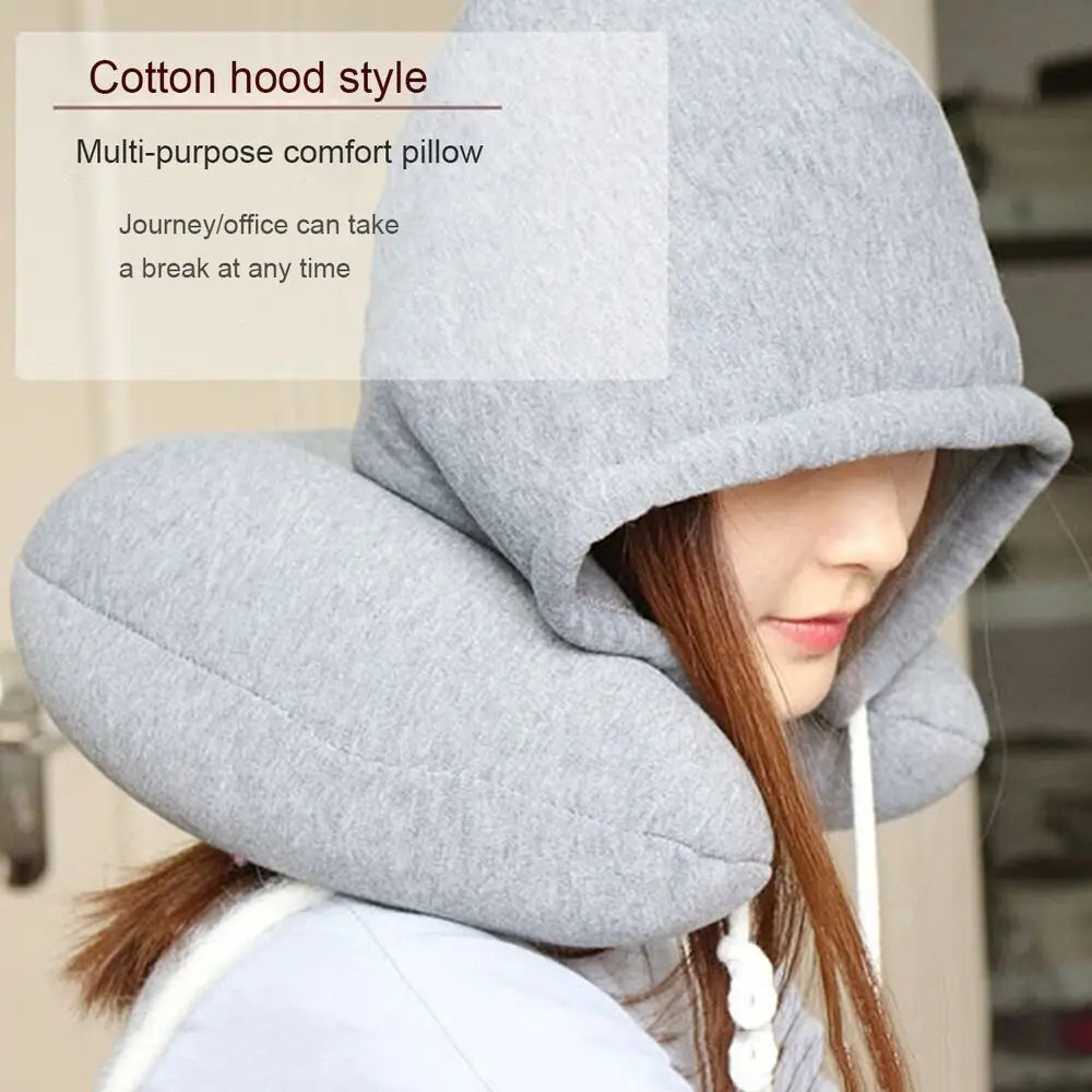 Car Office With Hoodie U-Shape Hooded Travel Pillow Head Rest Neck Pillow Airplane Pillow Neck Sleeping Cushion