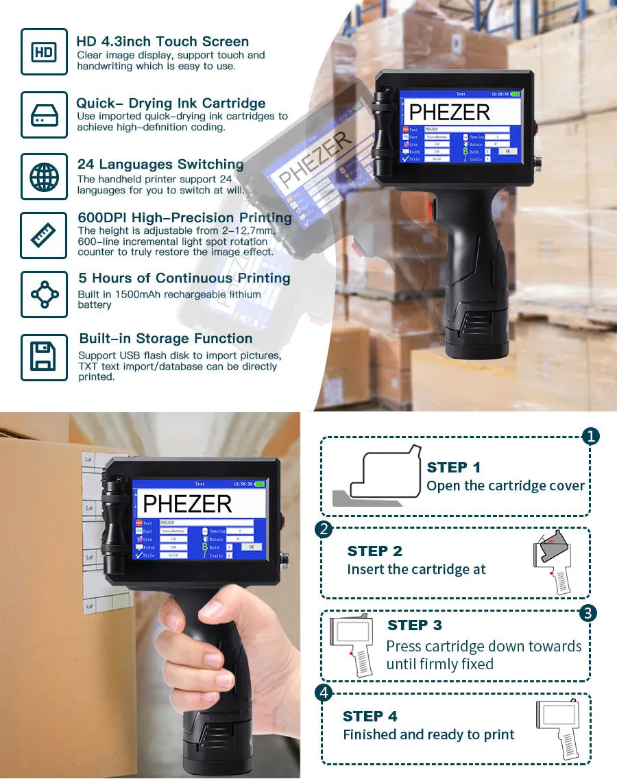 Phezer P15 QR Bar Batch Code Date Number Logo Expiry Date Label Printer 12.7mm Handheld Inkjet Printer 28 Languages Portable