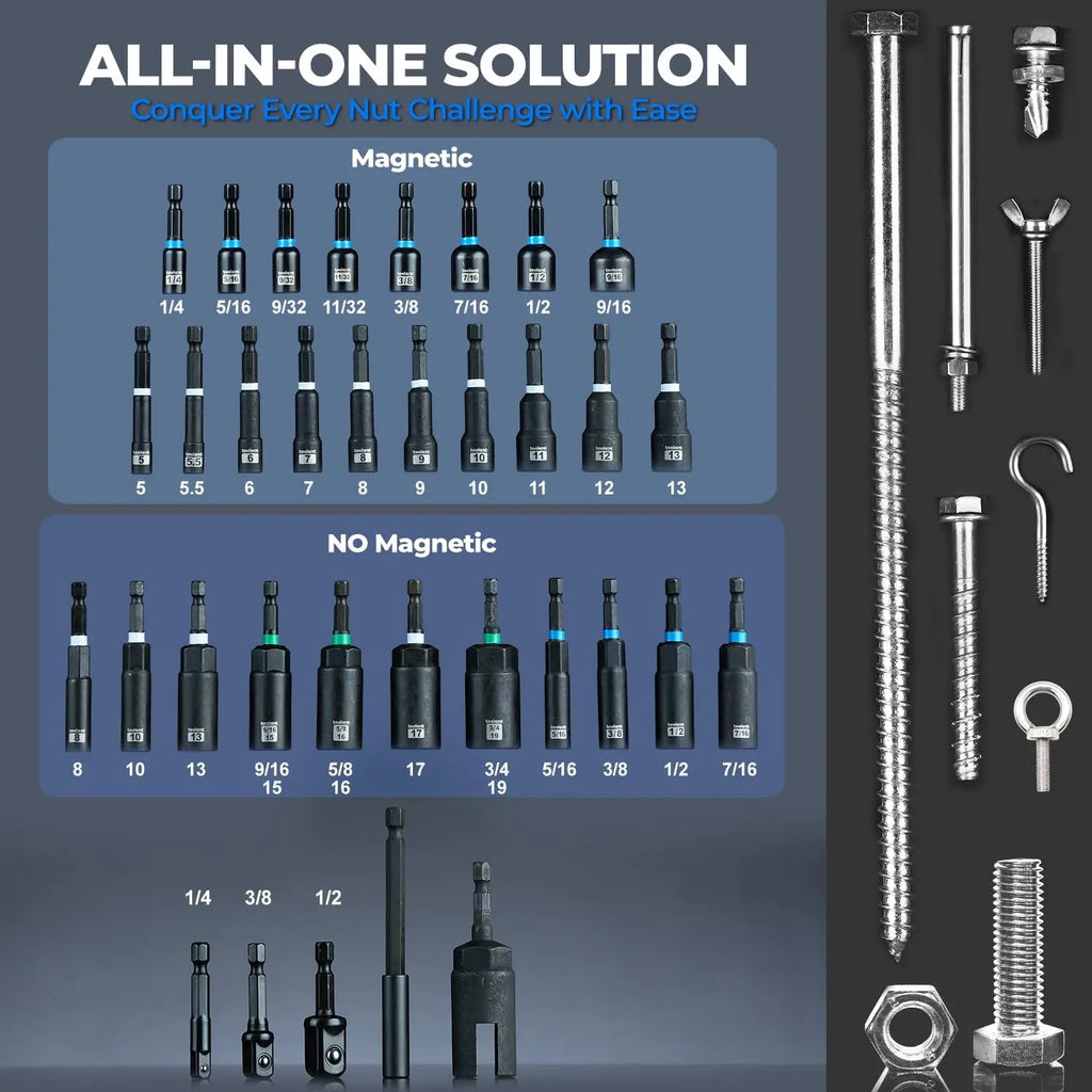 34 Piece SAE/Metric Nut Driver Set, Impact Driver Bit Set, Deep Nut Driver, Impact Socket Adapters, Wing Nut Driver, Tough Gift