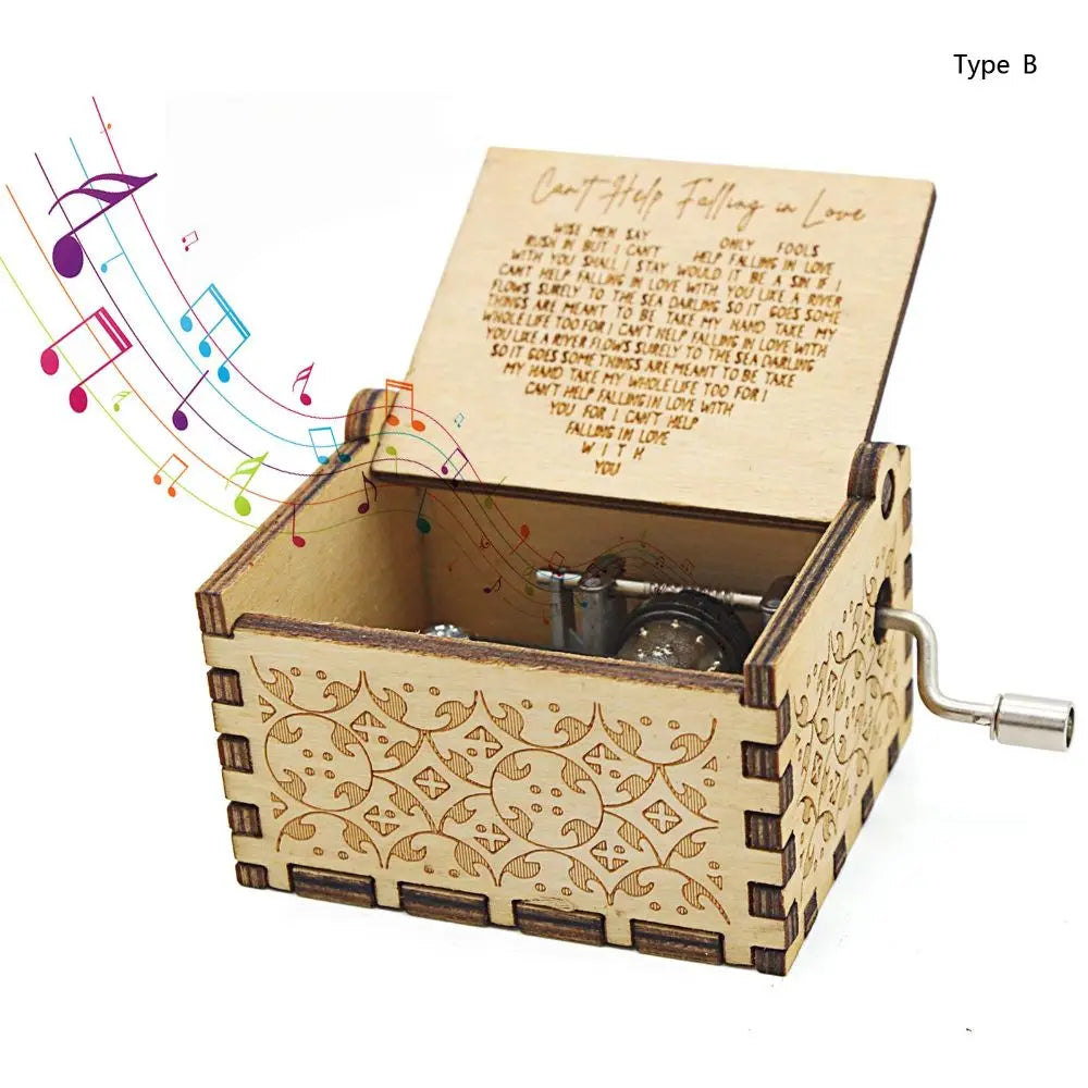 Vintage Engraving Wooden Music Box Hand-cranked Music Box Can't Help Falling in Love Music Box Wife Birthday Valentines Day Gift